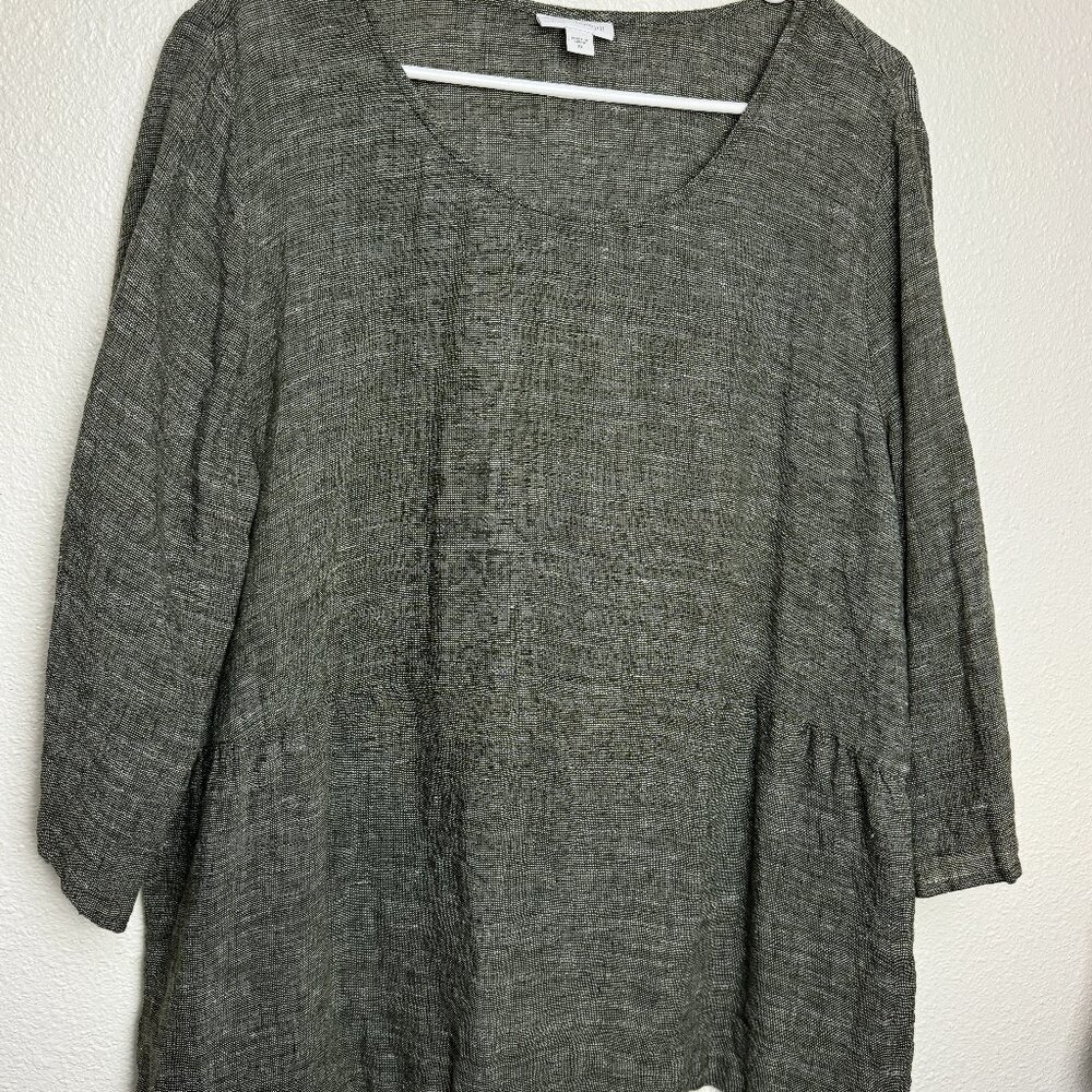 Jill PURE Linen Blouse Green - Gray  Sleeve 3/4 Size XL Like NEW